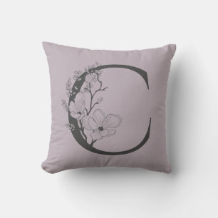 Elegant C Boho Floral Monogram Initial Lilac Grey Cushion