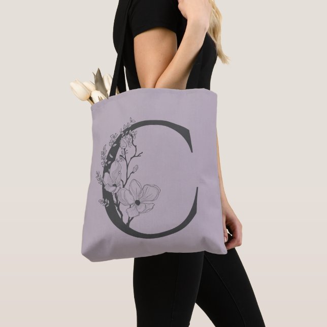 Elegant C Boho Floral Monogram Initial Lilac Grey Tote Bag (Close Up)