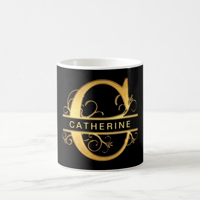 Elegant "C" Monogram Personalised Name Black Gold Coffee Mug (Center)