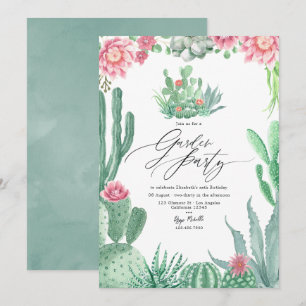 Elegant Cactus and Pink Blooms Garden Party Invitation