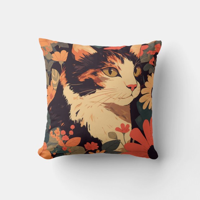 Elegant Calico Cat in Floral Garden Cushion (Front)
