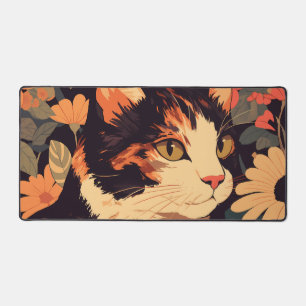 Elegant Calico Cat in Floral Garden Desk Mat
