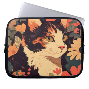 Elegant Calico Cat in Floral Garden Laptop Sleeve