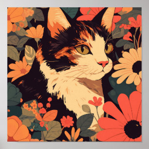 Elegant Calico Cat in Floral Garden Matte Poster