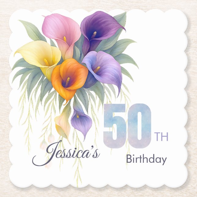 Elegant Calla Lily 50th Birthday Milestone Paper Coaster (Front)
