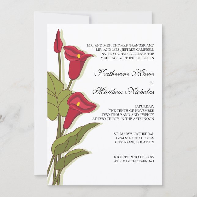 Elegant Calla Lily in Magenta Wedding Invitations (Front)