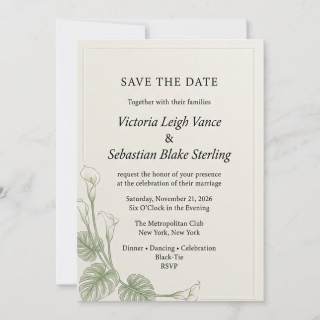Elegant Calla Lily & Tropical Greenery Save  Invitation (Front)