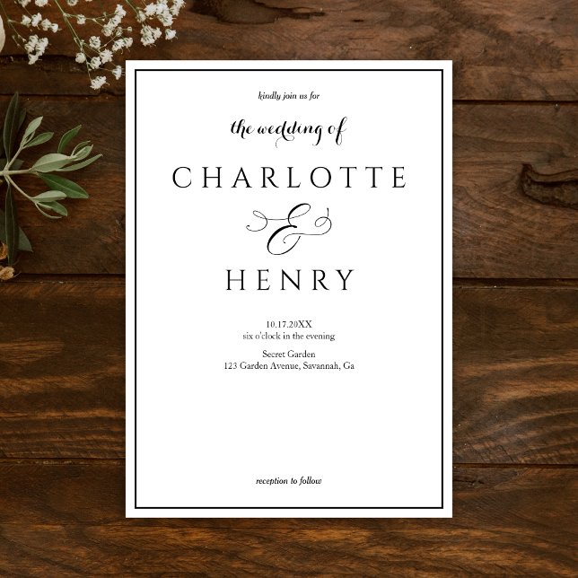 Elegant Callighraphy Script Black & White Wedding  Invitation (Creator Uploaded)