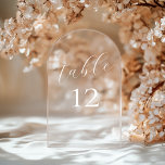 Elegant Calligraphy Acrylic Wedding Table Numbers<br><div class="desc">Elegant Calligraphy White Text Arch Shaped Clear Acrylic Wedding Table Numbers 

Please note that these acrylic wedding table numbers come in 2 thicknesses (pick the one you want from the product menu) and WITHOUT any stand or holder.</div>