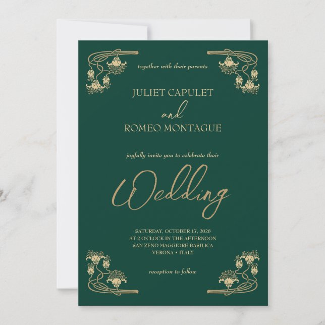 Elegant calligraphy & ArtDeco gold & green wedding Invitation (Front)