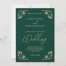 Elegant calligraphy & ArtDeco gold & green wedding