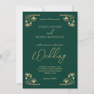 Elegant calligraphy & ArtDeco gold & green wedding Invitation