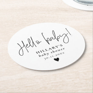 Elegant Calligraphy Baby Shower Hello baby  Round Paper Coaster