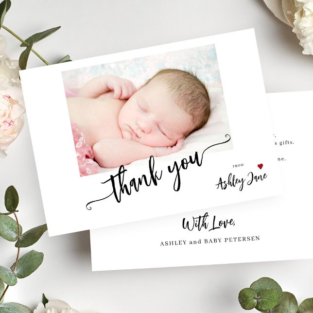 Elegant calligraphy baby shower photo thank you card (Creator Uploaded)