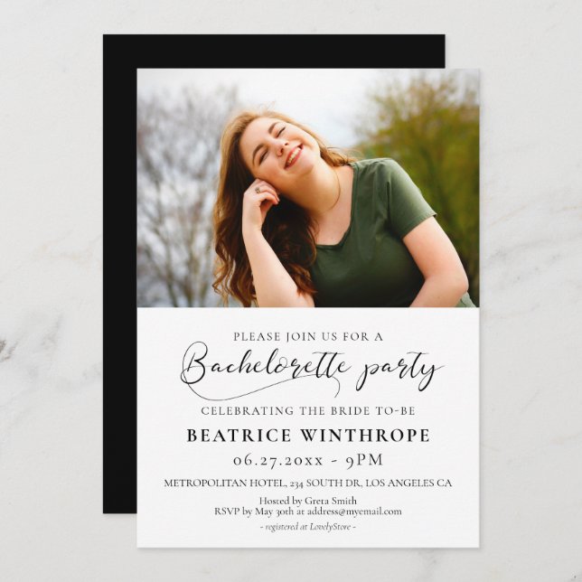 Elegant calligraphy Bachelorette Party photo Invitation (Front/Back)