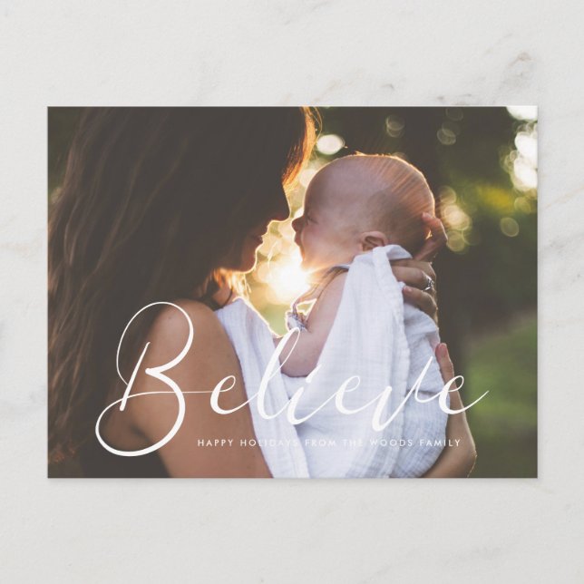 Elegant calligraphy Believe Holiday photo Postcard (Front)