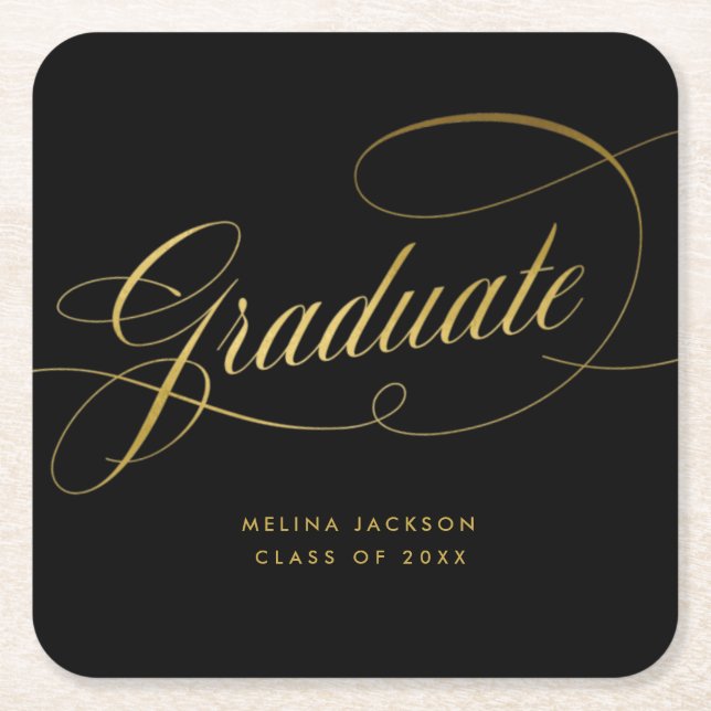 Elegant Calligraphy Black and Gold Graduation Squa Square Paper Coaster (Front)