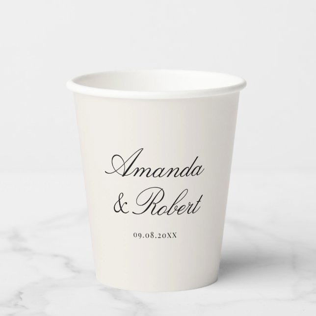 Elegant Calligraphy Black and Ivory Wedding Paper Cups (Front)