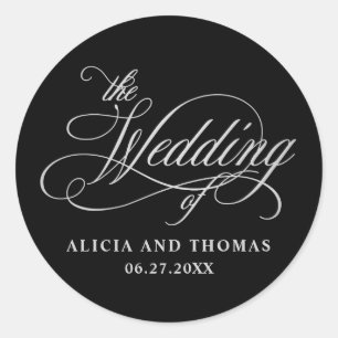 Elegant Calligraphy Black and Silver Wedding Classic Round Sticker
