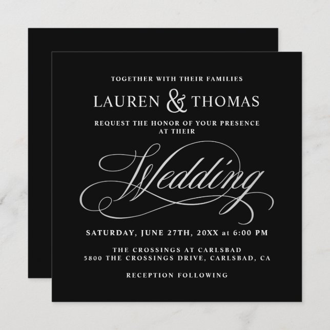 Elegant Calligraphy Black and Silver Wedding Invitation (Front/Back)