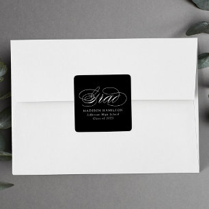 Elegant Calligraphy Black and White Graduation Square Sticker