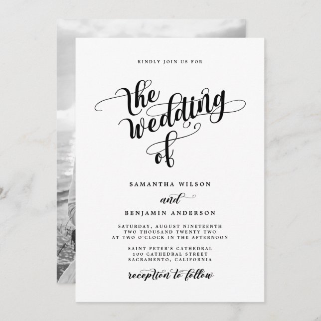 Elegant Calligraphy Black And White Photo Wedding Invitation (Front/Back)