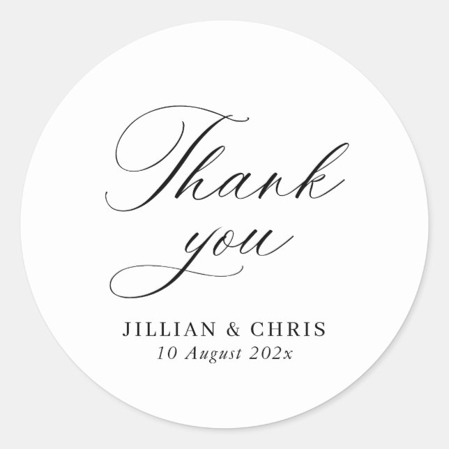 elegant calligraphy black and white wedding classic round sticker (Front)
