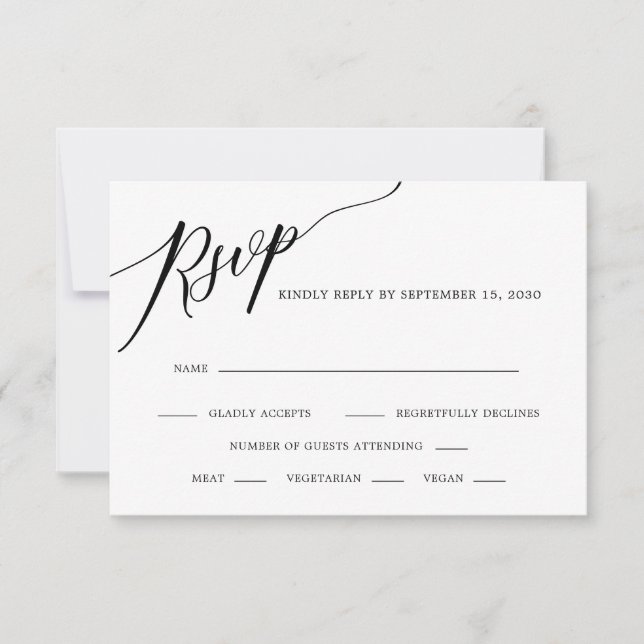 Elegant Calligraphy Black and White Wedding RSVP C (Front)