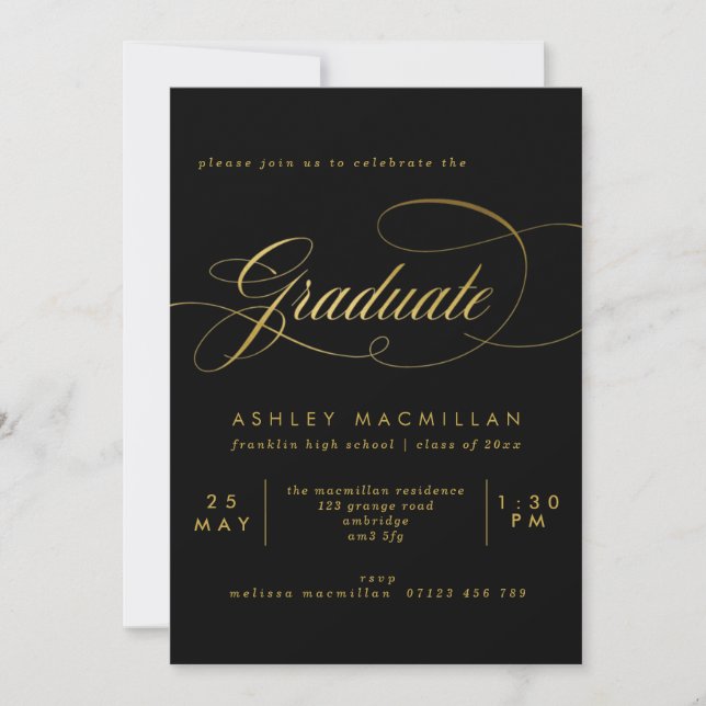 Elegant Calligraphy Black & Gold Graduation Party Invitation (Front)
