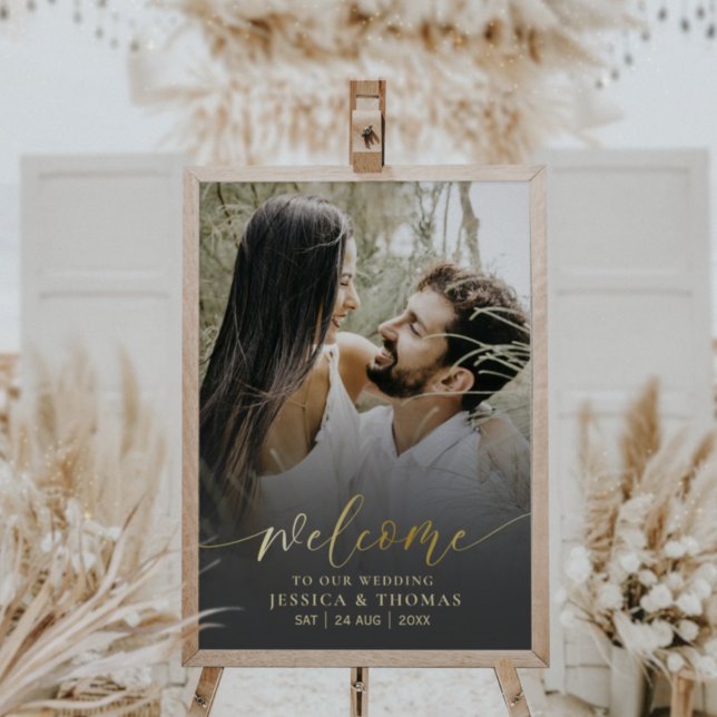 Elegant Calligraphy Black & Gold Photo Wedding  Poster (Creator Uploaded)