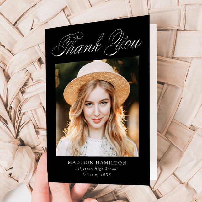 Elegant Calligraphy Black Photo Graduation Thank You Card (Creator Uploaded)