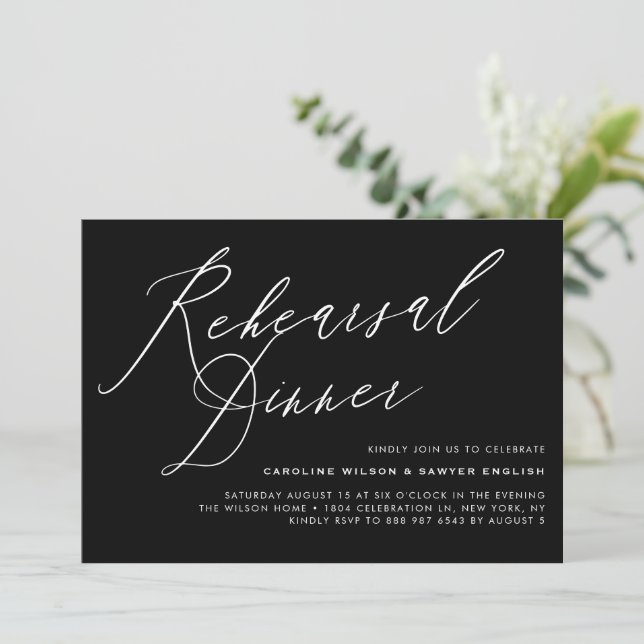 Elegant Calligraphy Black Rehearsal Dinner Invitation (Standing Front)