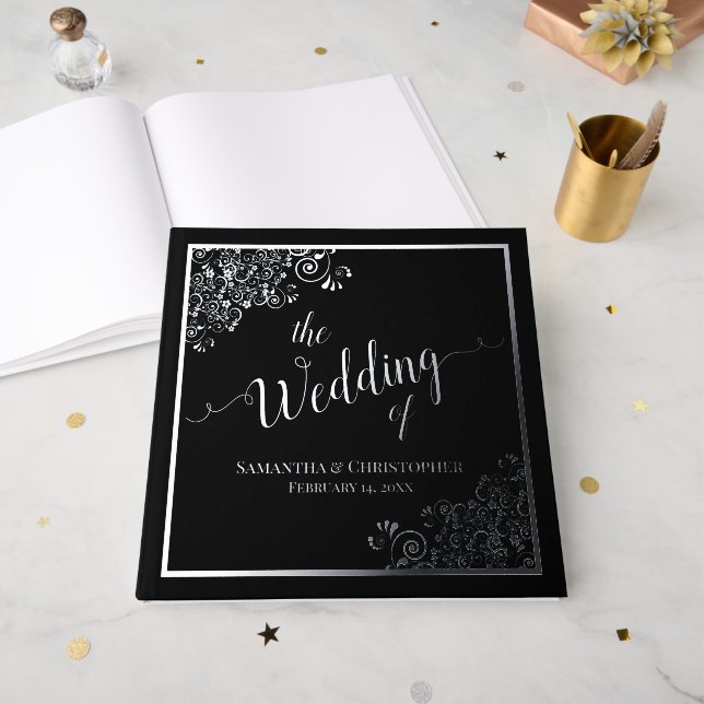 Elegant Calligraphy Black & Silver Foil Wedding Guest Book (Front Open)