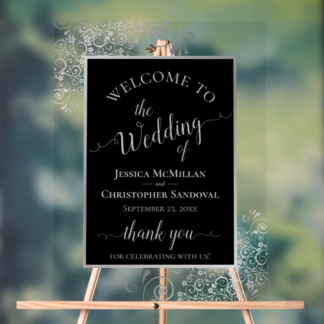 Elegant Calligraphy Black & Silver Wedding Welcome Acrylic Sign (Neutral)