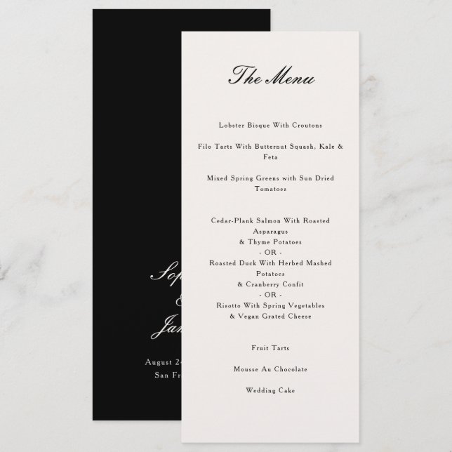 Elegant Calligraphy Black Wedding Dinner Menu (Front/Back)