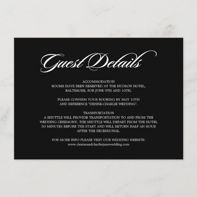 Elegant Calligraphy Black Wedding Guest Details Enclosure Card (Front)