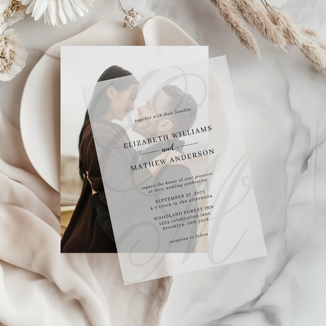Elegant Calligraphy Black White Monogram Wedding Vellum Invitations (Creator Uploaded)