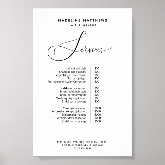 Elegant Calligraphy Black White Salon Price List Poster (Front)