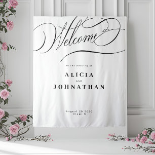 Elegant calligraphy black white welcome wedding tapestry
