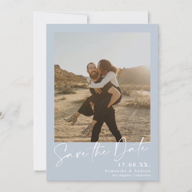 Elegant calligraphy blue 2 photos save the date (Front)