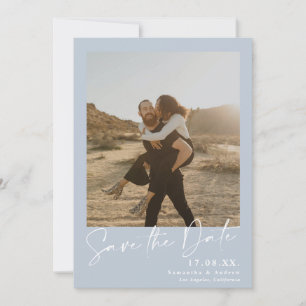 Elegant calligraphy blue 2 photos save the date