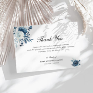 elegant calligraphy blue floral funeral thank you card