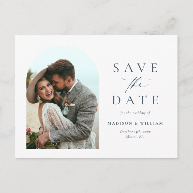Elegant Calligraphy Blue Photo Save The Date Postcard (Front)