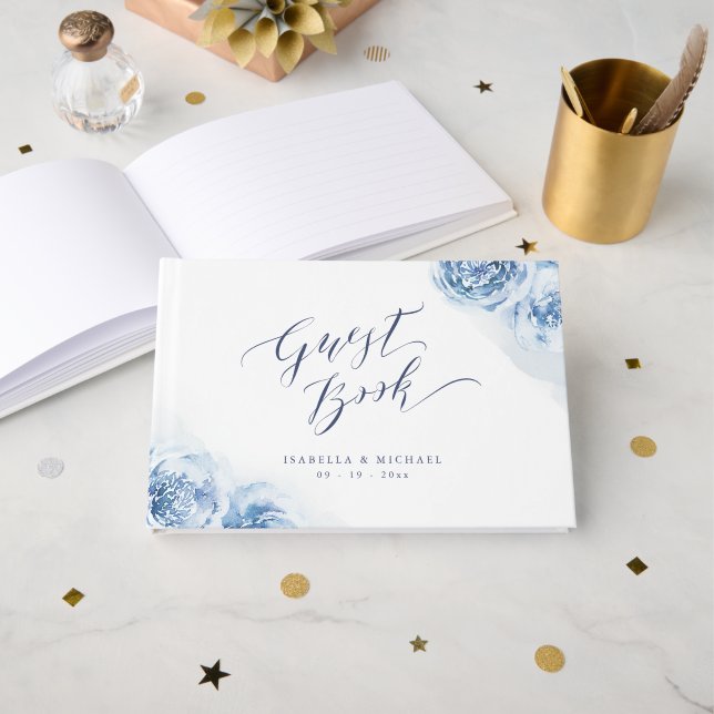 Elegant calligraphy blue watercolor floral wedding guest book (Front Open)
