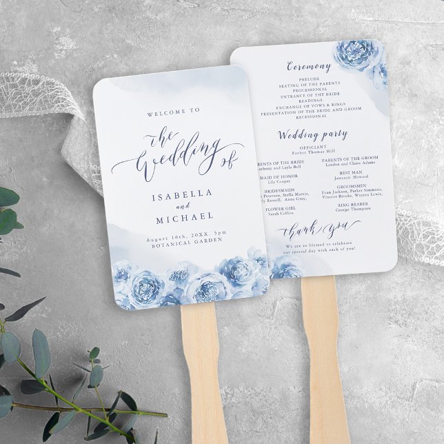 Elegant calligraphy blue watercolor floral wedding hand fan (Elegant calligraphy blue watercolor floral wedding hand fan)