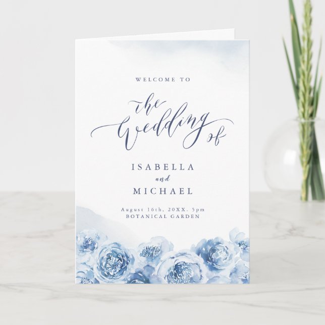 Elegant calligraphy blue watercolor floral wedding programme (Front)