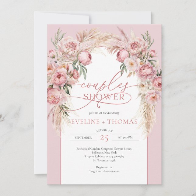 Elegant calligraphy blush peonies pampas Couples Invitation (Front)