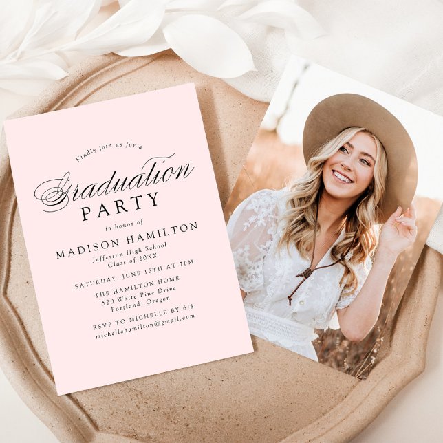 Elegant Calligraphy Blush Photo Graduation Party Invitation (Creator Uploaded)