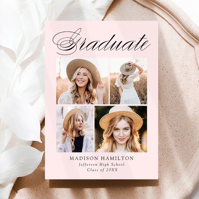 Elegant Calligraphy Blush Pink 4 Photo Graduation Announcement (Creator Uploaded)