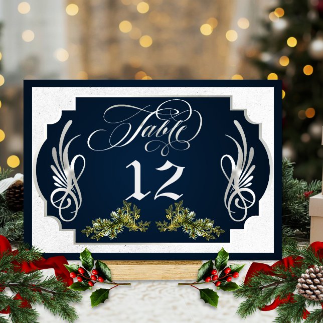 Elegant Calligraphy, Botanical - Blue/Silver Table Number (Creator Uploaded)